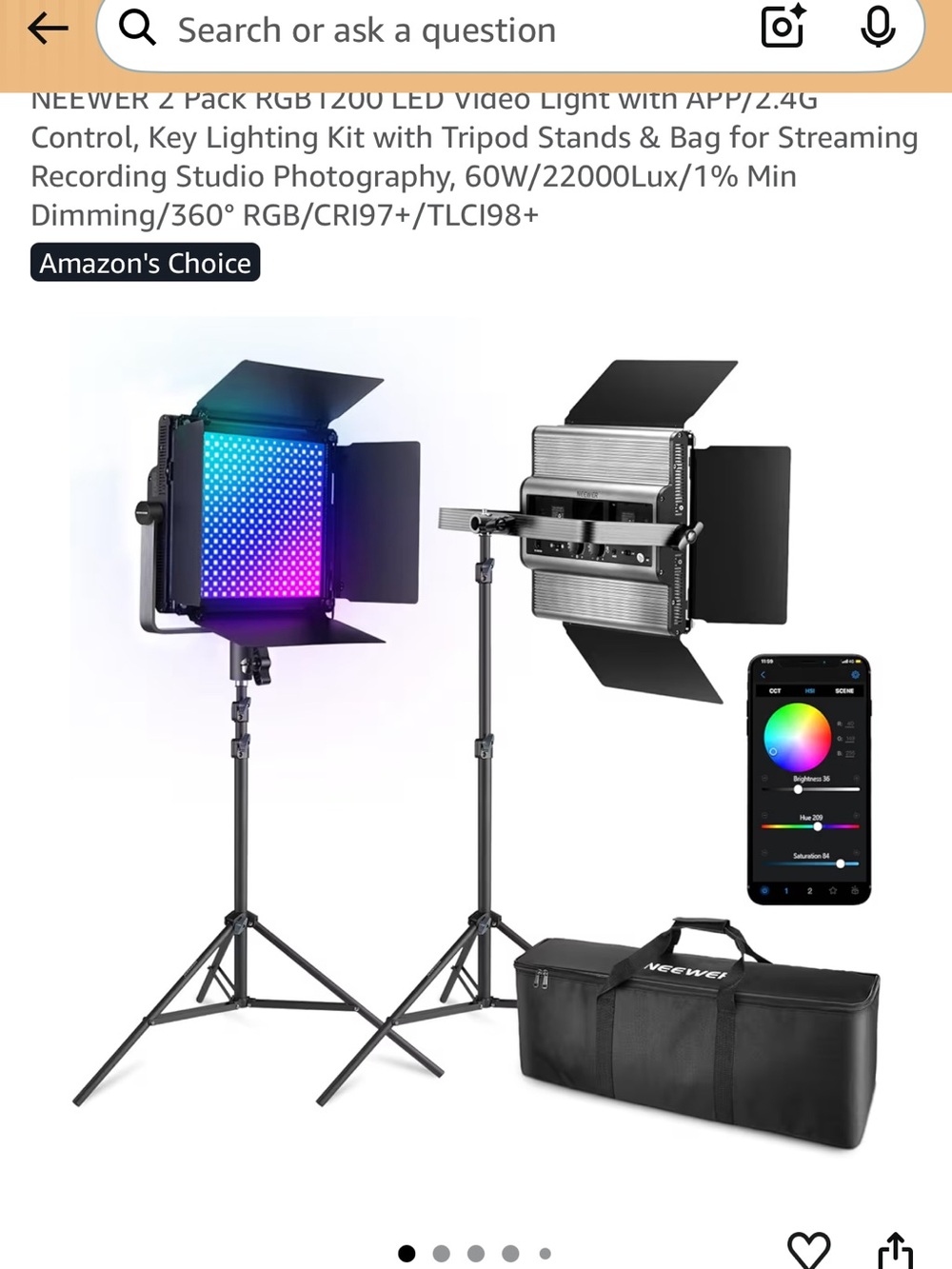 RGB LED Video Light Kit with App Control - Black, 2 lights